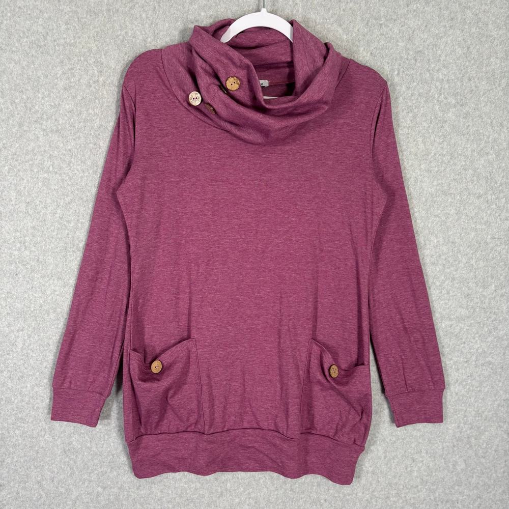 Sweatshirt Women Medium Pink Cowl Button Tunic Fleece Pockets Artsy Comfy Lounge